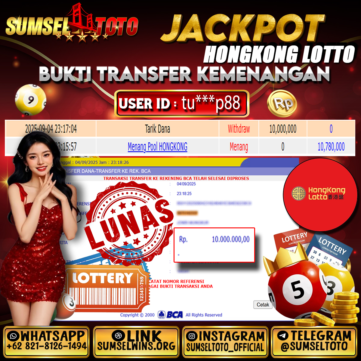SUMSELTOTO JACKPOT HONGKONG LOTTO Rp.10,000,000.,- LUNAS